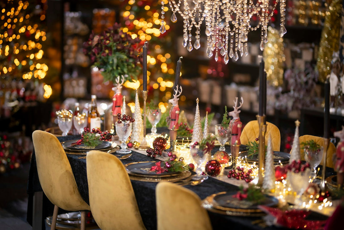 Festive holiday dinner table set for a family Christmas with in-laws