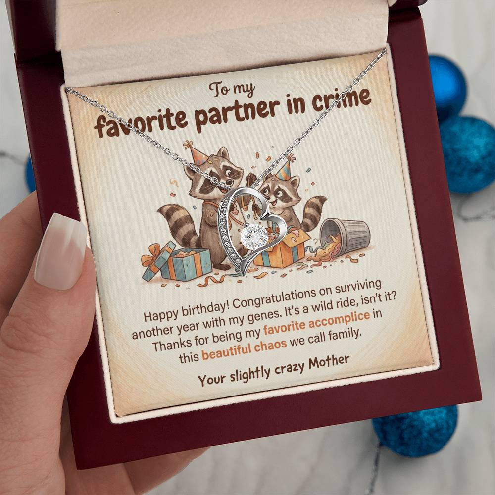 To My Partner in Crime Necklace From Mom - Happy Birthday Gift for Daughter, Funny Family Gift, Love Knot Necklace-LKN50931