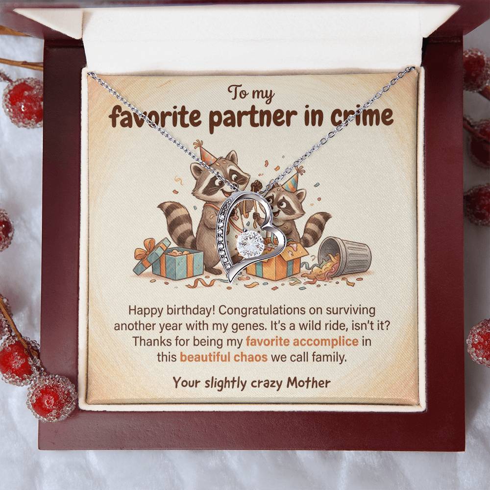 To My Partner in Crime Necklace From Mom - Happy Birthday Gift for Daughter, Funny Family Gift, Love Knot Necklace-LKN50931