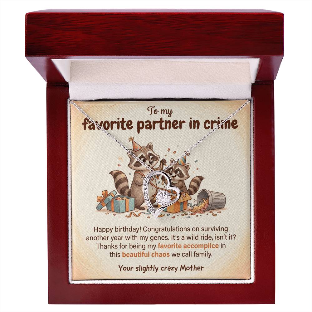 To My Partner in Crime Necklace From Mom - Happy Birthday Gift for Daughter, Funny Family Gift, Love Knot Necklace-LKN50931