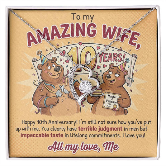 To My Wife Necklace From Husband, 10th Anniversary Gift for Her, Funny Romantic Message Card - Love Knot Necklace-LKN83800
