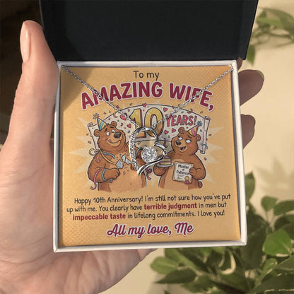 To My Wife Necklace From Husband, 10th Anniversary Gift for Her, Funny Romantic Message Card - Love Knot Necklace-LKN83800