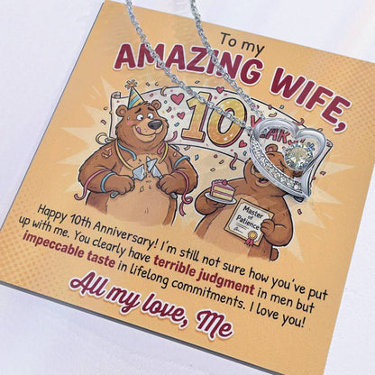 To My Wife Necklace From Husband, 10th Anniversary Gift for Her, Funny Romantic Message Card - Love Knot Necklace-LKN83800